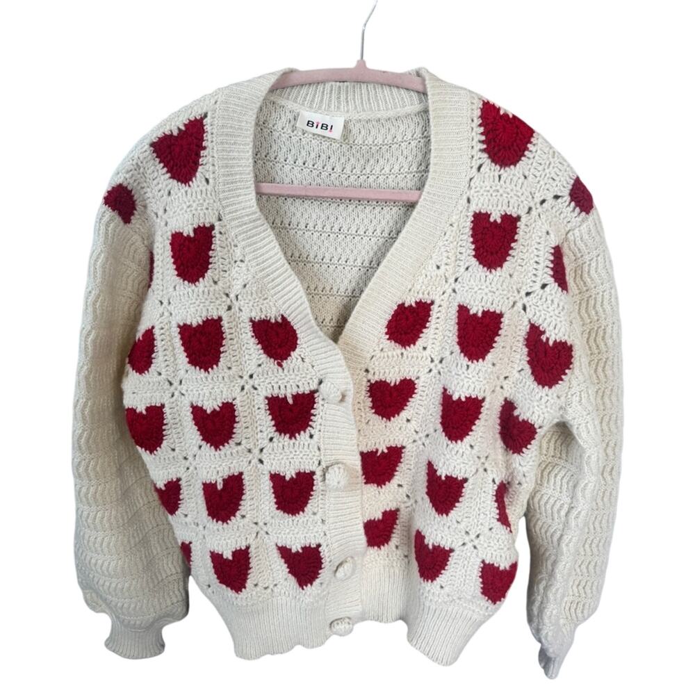 Bibi Heart Crochet Cardigan NWOT Coquette Cottagecore Boho Sweater
